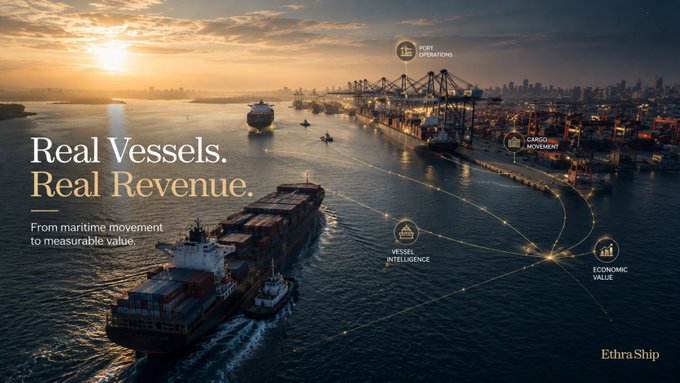 A maritime advertisement with the text "Real Vessels. Real Revenue." and "EthraShip" showing a cargo ship in a port with icons for Port Operations, Cargo Movement, Vessel Intelligence, and Economic Value.
