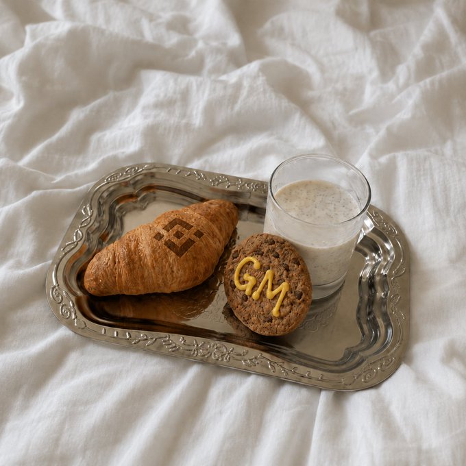 A silver breakfast tray on rumpled white sheets holds a croissant stamped with a diamond logo, a cookie iced with "GM," and a glass of milk—visually echoing the post's message of slowing down with a branded morning meal amid a hectic "GMLife."