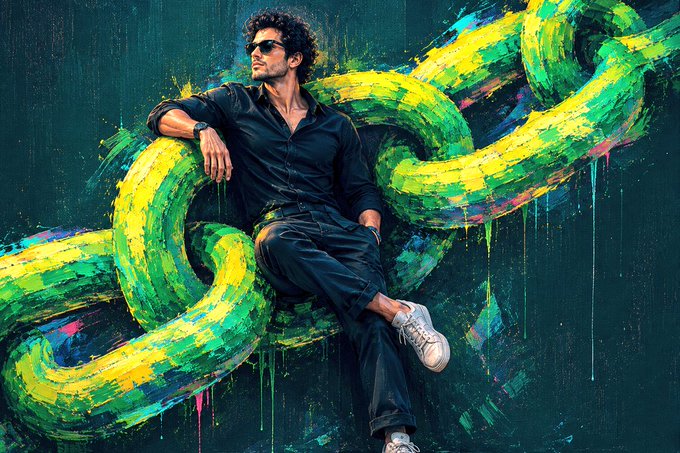 The image features a man sitting down with his legs crossed while wearing sunglasses. The background consists of a large green chain that spans across the scene. There are also some text elements present, such as "WHEN I SCROLL RANDOM SITE THIS ONE BLOW MY MIND Listen..... @CNPYNetwork 's team built and launched a fully working onchain prediction market like a mini Polymarket in 20 minutes flat". The man's position and the chain create an interesting visual effect, drawing attention to both elements.