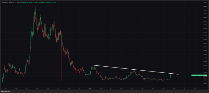 A TradingView candlestick chart of PI/USDT showing a significant downtrend with a descending trendline drawn on the price action.