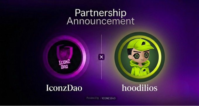 A 'Partnership Announcement' graphic showing logos for 'IconzDao' and 'hoodilios' joined by an 'x' on a purple background.