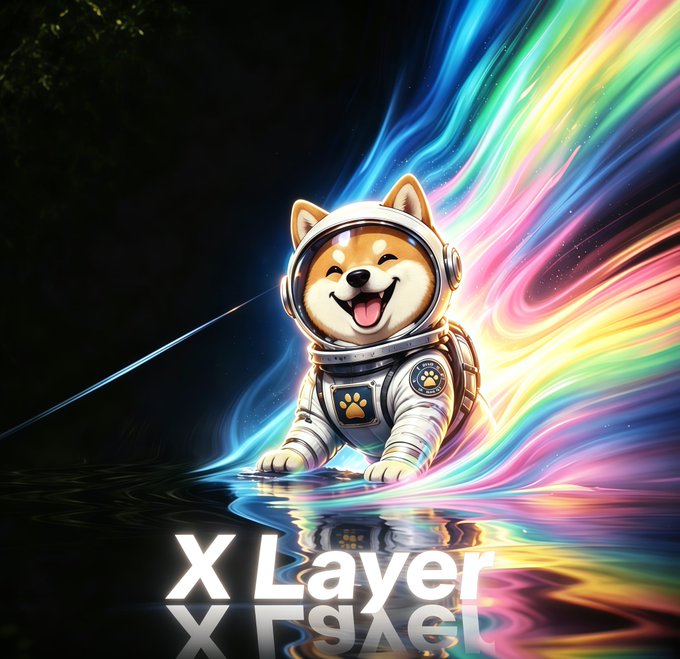 A digital artwork of a smiling Shiba Inu dog wearing a white astronaut suit, surrounded by a vibrant rainbow of flowing colors with the text 'X Layer' at the bottom.