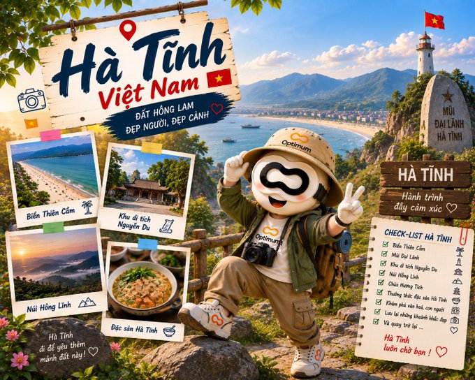 A promotional graphic for 'Hà Tĩnh Việt Nam' tourism features a panda mascot with a camera and hat, surrounded by photo cards of local attractions like 'Biển Thiên Cầm', 'Khu di tích Nguyễn Du', and 'Đặc sản Hà Tĩnh'.