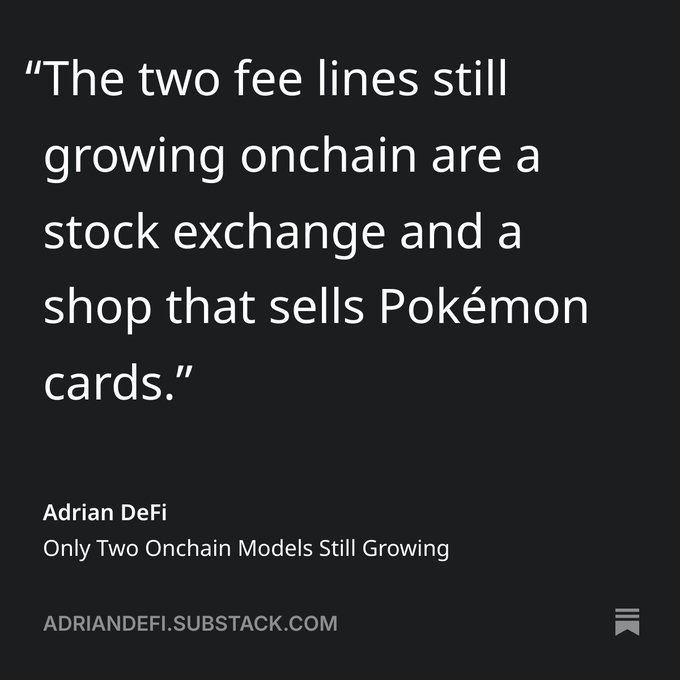 A dark screen displays the quote, 'The two fee lines still growing onchain are a stock exchange and a shop that sells Pokémon cards,' attributed to Adrian DeFi and adriandefi.substack.com.