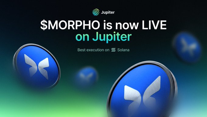 A promotional graphic announcing "$MORPHO is now LIVE on Jupiter" with "Best execution on Solana," featuring the Jupiter logo at the top and blue Morpho token coins displayed against a dark green gradient background, visually supporting the announcement of MORPHO's new listing on the Jupiter exchange.