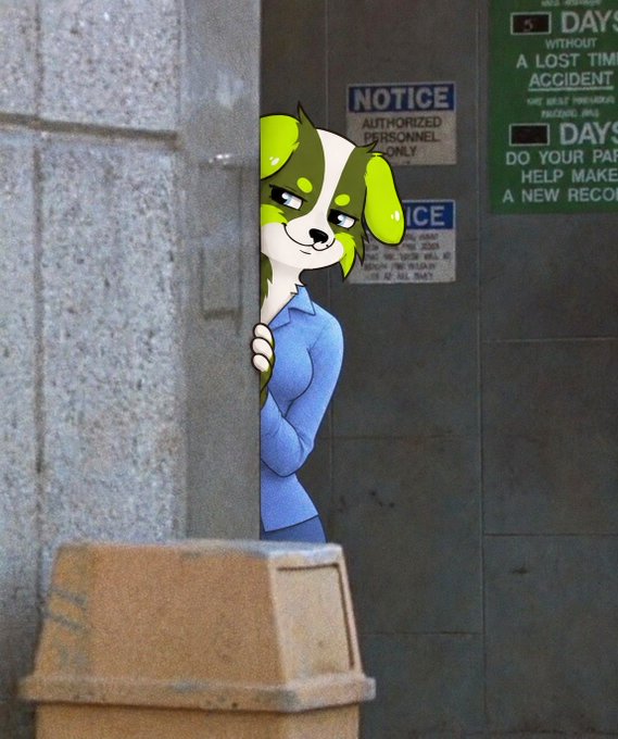 A green and white cartoon dog character wearing a blue shirt peeks out from behind a stone wall, with notices reading 'AUTHORIZED PERSONNEL ONLY' and '5 DAYS WITHOUT A LOST TIME ACCIDENT' visible in the background.