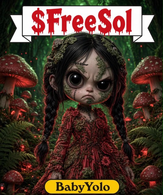 A stylized gothic illustration of a doll-like girl with braided dark hair and mossy skin, surrounded by red mushrooms in a forest setting. The image features bold red text reading '$FreeSol' at the top and a yellow banner with 'BabyYolo' at the bottom.