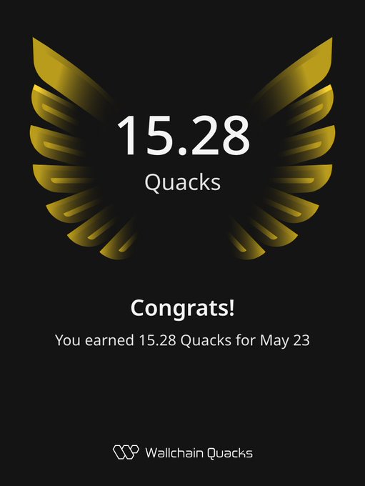 The image features a poster with an illustration of a golden bird's wing design, accompanied by text that reads "15.28 Quacks" and "Congratulations! You earned 15.28 Quacks for May 23!". The poster also includes a link to a website called "wallchainQuacks". This poster is promoting the idea of rewarding participation in a creator-driven ecosystem or community, where individuals are recognized and rewarded for their contributions.