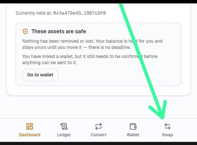 A screenshot of the Sidra App interface shows a confirmation message reading "These assets are safe," along with the user's current holding at "0x3a479e4D...1967cDF0" and a "Go to wallet" button. A large green arrow points to the "Swap" tab in the bottom navigation menu, highlighting the newly integrated SidraDEX feature accessible directly from the app.