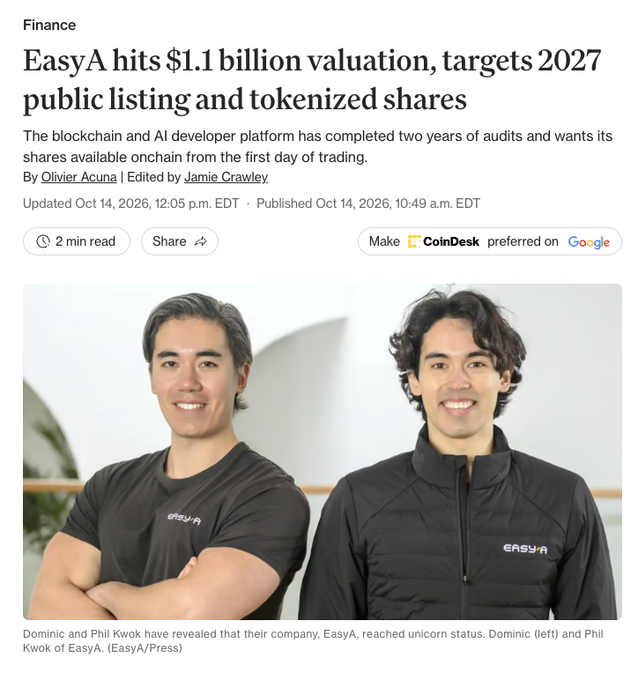 Two brothers, Dominic and Phil Kwok, co-founders of EasyA, pictured in branded apparel as their blockchain and AI developer platform hits a $1.1 billion valuation and sets its sights on a 2027 public listing with tokenized shares—turning what began as a dream shared between siblings into unicorn status.