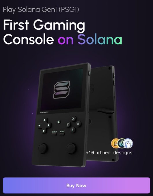 The image is a promotional ad for the "Play Solana Gen1 (PSG1)," marketed as the "First Gaming Console on Solana," featuring a black handheld device with a directional pad, action buttons, and dual analog sticks. It connects to the post's vision by showcasing a tangible hardware platform that could host thousands of monetized games with P2E mechanics, supporting tokens like $DSCRIBE within its ecosystem.