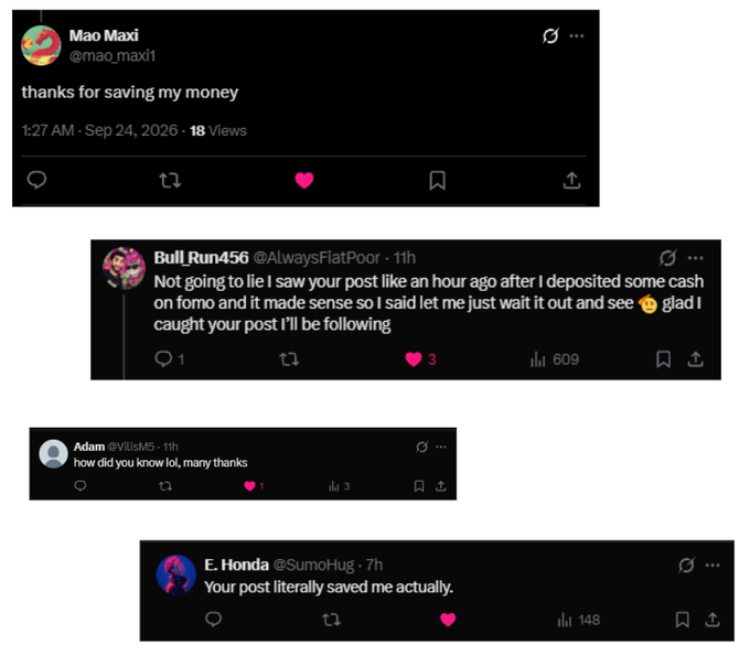 A screenshot of tweets from users like Mao Maxi, Bull Run456, Adam, and E. Honda thanking an account for "saving my money" after he warned them about a scam or rug pull on a memecoin, supporting the poster's message about steering followers away from "100% certified scams run by known bad actors."