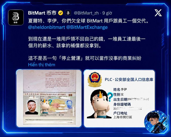 A Twitter/X post from BitMart (@BitMart_zh) confronts co-founders Sheldon Xia and Ninos Almas about unresolved funds and unpaid employee wages, displayed alongside Chinese passport and police database screenshots showing Xia's personal information (name: Ninos, birth date: 2002, Shanghai residence) with faces censored by unicorn stickers. The image visually supports the caption's concern that BitMart's "stop operations" announcement fails to address where users' money actually is or how outstanding issues will be resolved.