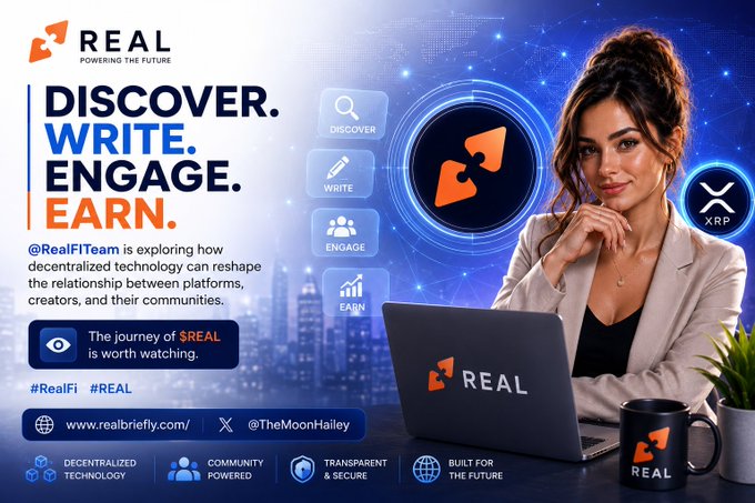 A promotional graphic for $REAL (RealFi) features the tagline "DISCOVER. WRITE. ENGAGE. EARN." alongside a woman working on a branded REAL laptop, highlighting the platform's decentralized technology, community-powered model, and transparency. The image visually reinforces the post's message about $REAL's mission to reshape platform-creator-community relationships through decentralized innovation.