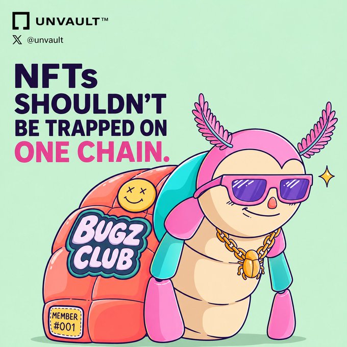 A colorful promotional graphic for Unvault (@unvault) features a cartoon caterpillar character wearing pink sunglasses and a gold chain, sitting against a mint green background with the bold headline "NFTs SHOULDN'T BE TRAPPED ON ONE CHAIN." The Bugz Club logo and a "Member #001" tag appear on the character's side, reinforcing the message that the post highlights Unvault's mission to make NFT ownership portable across Web3 rather than locking assets to single blockchains.