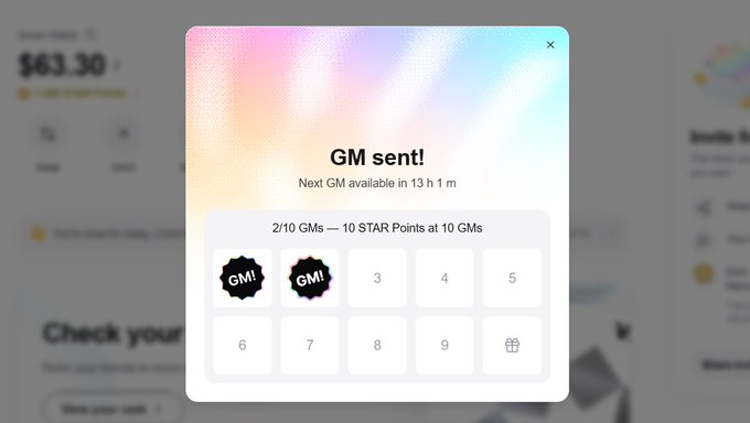 A pop-up window displays "GM sent!" with a counter showing 2/10 GMs completed, indicating 10 STAR Points are available at 10 GMs, and the next GM is available in 13 hours 1 minute. The image complements the post by visually showcasing the Startale app's GM streak feature, emphasizing the progress toward earning 10 STAR Points.