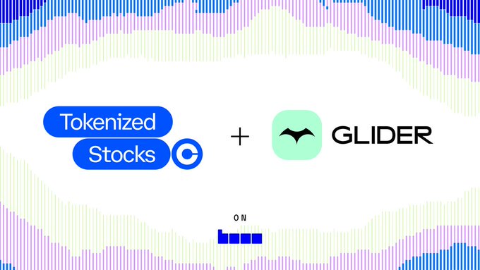 A graphic featuring the "Tokenized Stocks" logo alongside the "GLIDER" logo separated by a plus sign, with abstract blue, purple, and green vertical line patterns framing the scene. The imagery visually represents Coinbase's newly launched tokenized stocks on Base, with Glider being one of the first apps to support them.