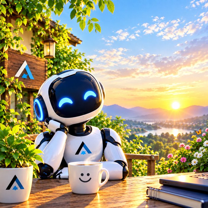 A white robot with glowing blue eyes rests its head on its hand at a wooden table with a smiley mug and laptop, overlooking a sunset landscape with flowers and greenery.