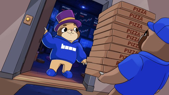 An illustration shows a cartoon hippo character wearing a purple top hat and blue hoodie standing in a vault, while a bear character in a blue hoodie carries a tall stack of pizza boxes.