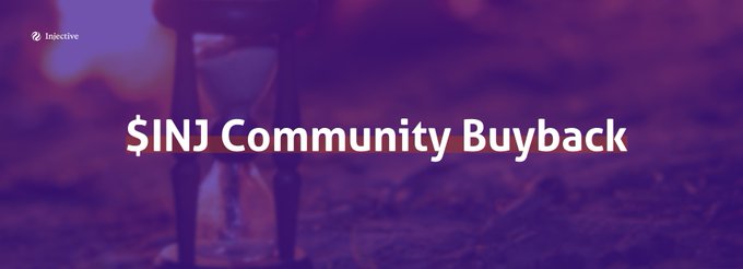 A purple-toned banner from Injective displays the text "$INJ Community Buyback" against a blurred background.