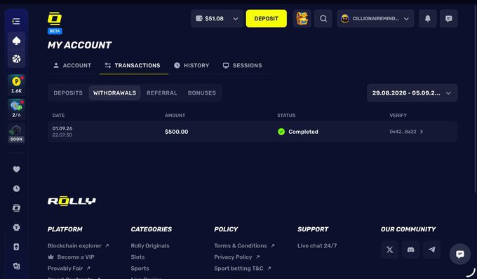 A dark-themed user account dashboard for 'ROLLY' (BETA) showing a 'MY ACCOUNT' page with 'TRANSACTIONS' tab selected, displaying a completed $500.00 withdrawal dated '01.09.26 22:07:30'.