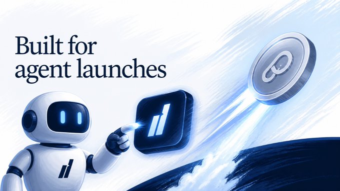 A promotional image featuring a white robot pointing at a blue icon, with text 'Built for agent launches' next to a floating silver coin-shaped logo.