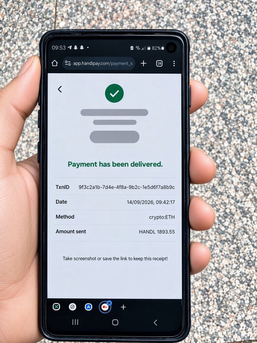 A hand holds a smartphone showing a payment confirmation screen from app.handpay.com for 1893.55 HANDL sent via crypto:ETH on 14/09/2026.