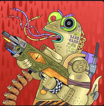 A colorful illustration of a green frog holding a large futuristic weapon, wearing a 'KING GANG' patch, with multiple small creatures and a red blood-drip background.
