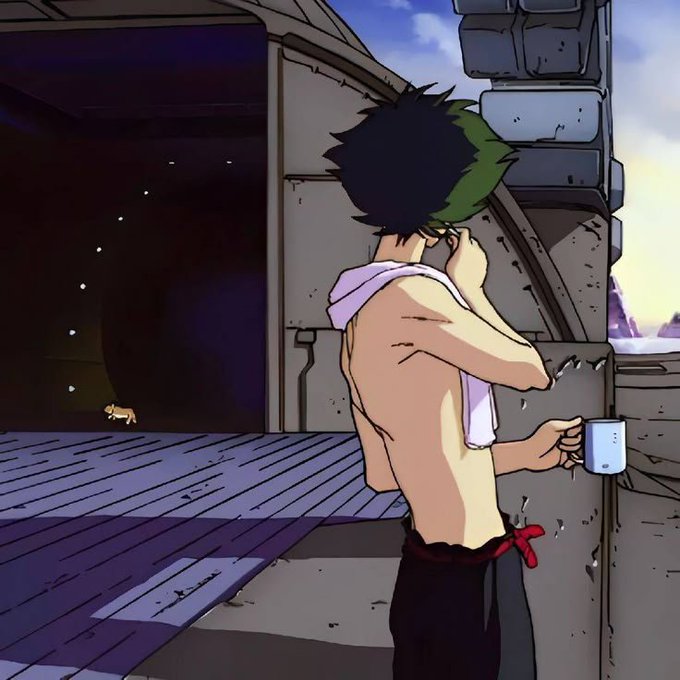 Anime-style illustration of a shirtless young man with green and black hair holding a mug, standing on a wooden porch looking out at a night sky with a small dog in the distance.
