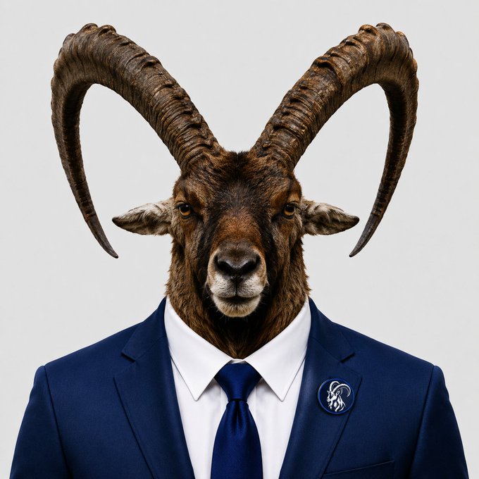 A surreal portrait shows a person wearing a navy blue suit, white shirt, and blue tie with a lapel pin, but instead of a human head, they have the head of an ibex with large curved horns.