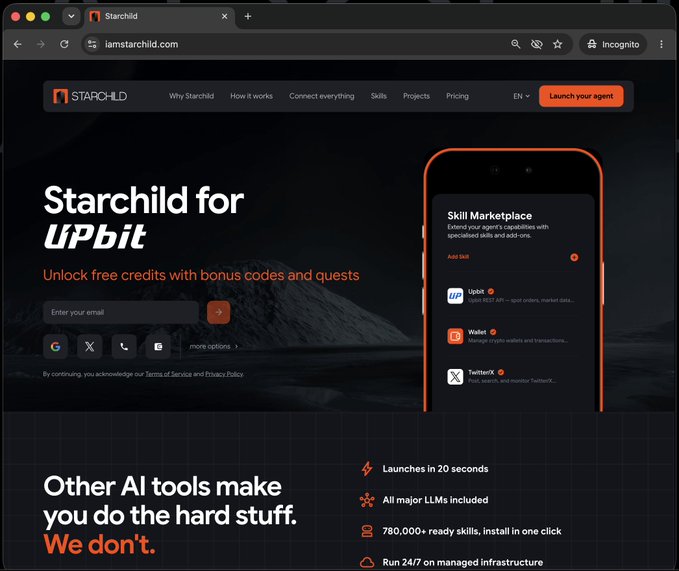 The image shows the Starchild website (iamstarchild.com) with a landing page promoting "Starchild for UPbit," offering free credits via bonus codes, and featuring a phone mockup displaying the Skill Marketplace with integrations for Upbit, Wallet, and TwitterX. This relates to the post by introducing Starchild's new integration with Upbit, the major Korean exchange, allowing users to launch their own AI agent for crypto trading.