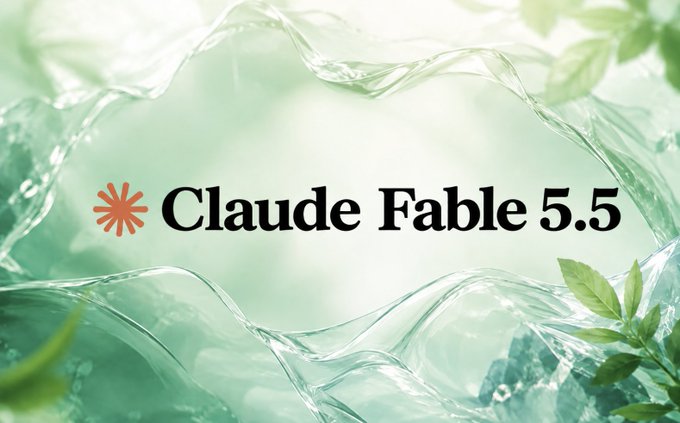 A graphic featuring a green, watery background with the text '✻ Claude Fable 5.5' displayed prominently.