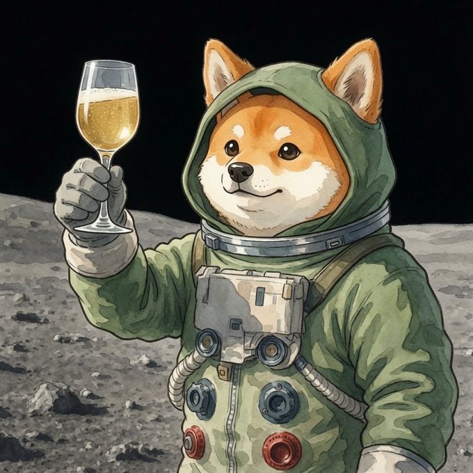 An anime-style Shiba Inu dog wearing a green spacesuit and hood holds up a glass of champagne while standing on the moon's surface.
