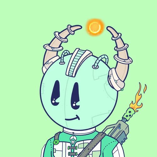 An illustration of a teal, robotic character with antennae, a serene expression, and a green spacesuit-style outfit holding a torch against a light green background.