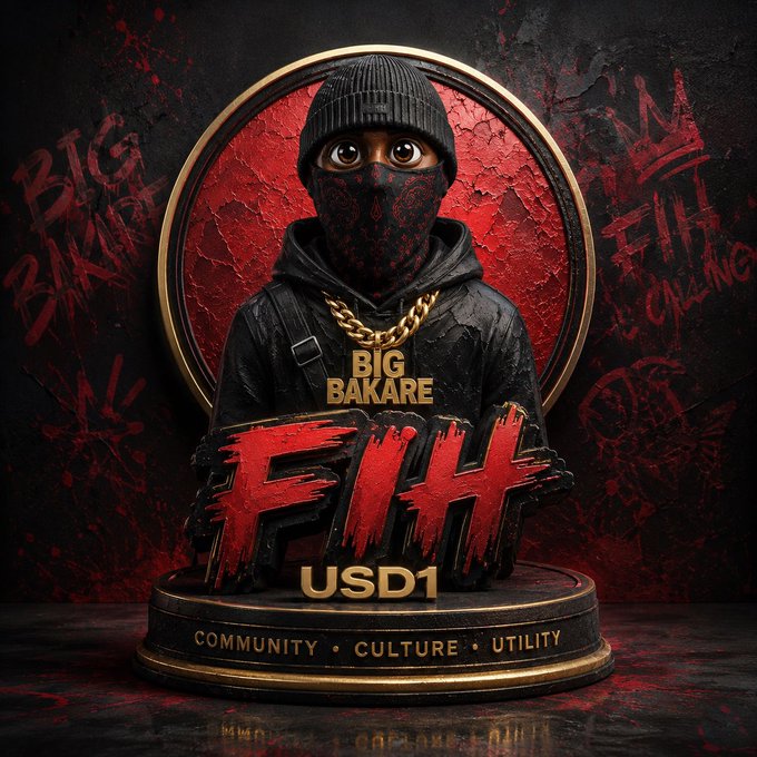 The image features a statue of a person wearing a black hoodie with gold accents and a mask over their face. The statue is made out of wood, and there are red and white graffiti splatters surrounding it. The text "FIH_USD1" appears in the image, which could be an acronym or a brand name for a digital asset. The post explains that this particular digital asset represents stability in today's rapidly changing crypto world. It is designed to maintain a consistent value tied to the US dollar and serves as a symbol of the growing shift toward stability amidst the volatility often associated with cryptocurrencies.