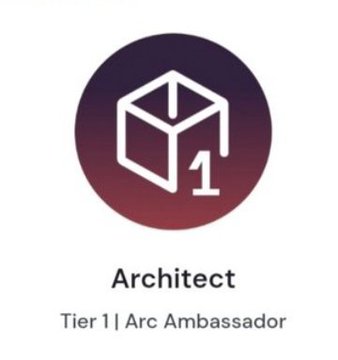An Arc ambassador tier badge with a cube/box logo, labeled 'Architect' and 'Tier 1 | Arc Ambassador' on a dark circular gradient background.