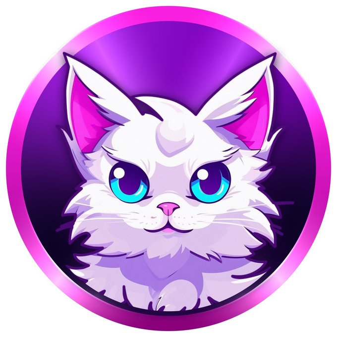 A cute digital illustration of a white fluffy cat with large blue eyes and pink-tipped ears, set within a circular purple and pink border.