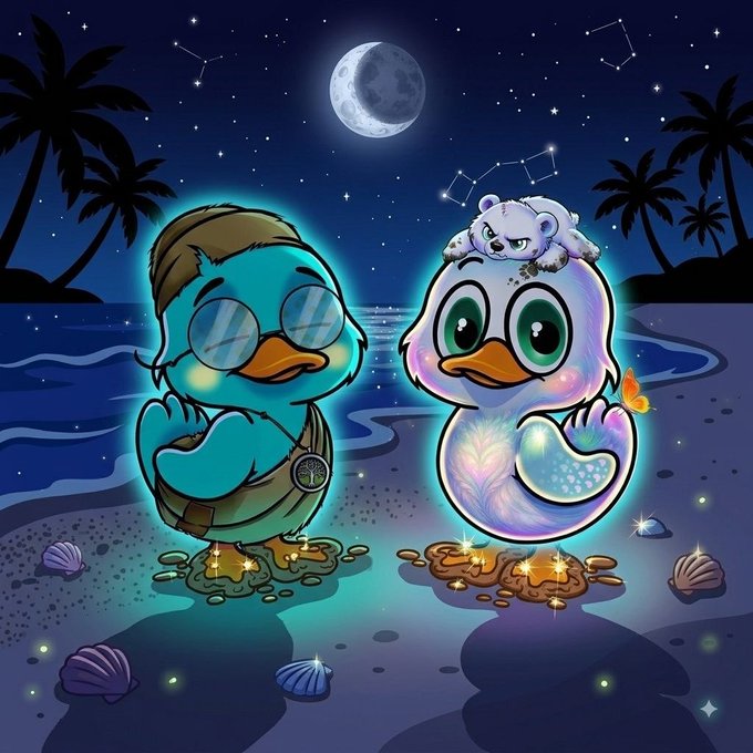 Cartoon illustration of two glowing ducks on a beach at night under a moon and stars—one teal with sunglasses and a tree-of-life necklace, the other iridescent with a white cat on its head.