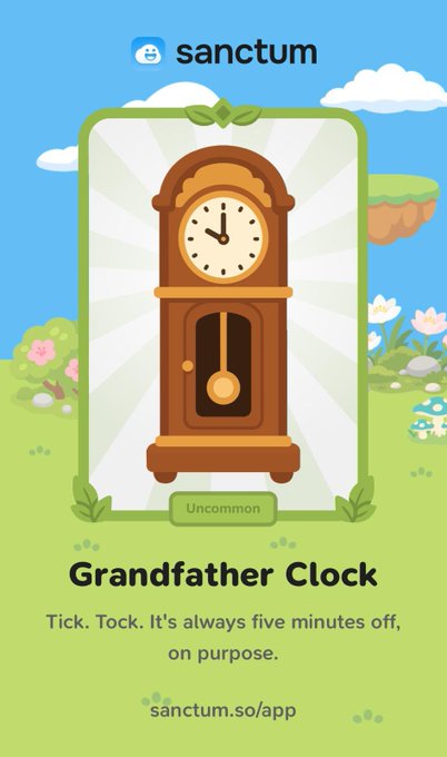 A "Sanctum" branded collectible card features a cartoon Grandfather Clock marked as "Uncommon," with the tagline "Tick. Tock. It's always five minutes off, on purpose," promoting their new app at sanctum.so/app. The image likely represents Sanctum's recent app launch mentioned in the post, showcasing a playful in-app collectible reward as part of their Solana-based liquid staking ecosystem.