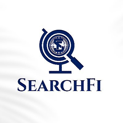 A logo featuring a globe with a dollar sign inside a magnifying glass above the text 'SEARCHFI' on a white background.