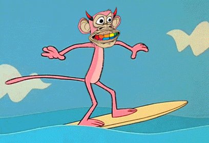 The image features a cartoon character, possibly a pink monkey or a pink unicorn, riding a surfboard on blue water. The character appears to be wearing a hat with a face painted on it, giving them a unique appearance. The background of the image is filled with clouds and sky, creating a whimsical atmosphere. The caption "My timelines full of early BAYC vibes" suggests that this cartoon character might have an affinity for boogie boarding or surfing, which could be related to the Bayside vibe in the post.