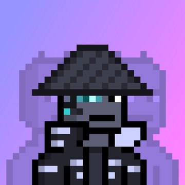 A pixel art image of a gray armored character wearing a wide-brimmed hat with a glowing cyan visor against a purple-pink gradient background.