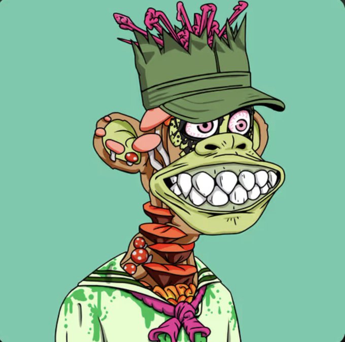 A cartoonish ape character from the Bored Ape Yacht Club NFT collection, featuring its signature features: a green military-style cap, exposed teeth grin, pink brain matter, and colorful beaded accessories around its neck. The vibrant, stylized illustration captures the playful and surreal aesthetic associated with the popular Bored Ape Yacht Club brand.