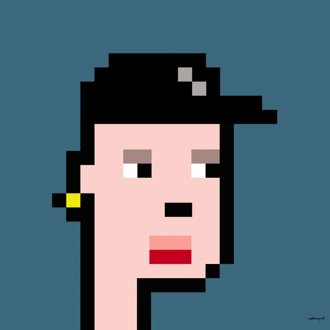 A pixel art portrait of a pale-skinned person with dark hair, gray eyes, and an earring against a dark teal background.