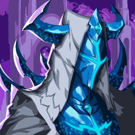 A pixel art illustration of a fantasy hooded character with a glowing blue crystalline mask or face and starry blue horns against a purple castle background.