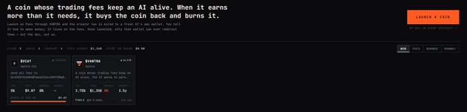 Website screenshot with text 'A coin whose trading fees keep an AI alive' and 'Launch a Coin' button, showing BCAT token with $9.87 price and OXBTRA with 4.91% change.