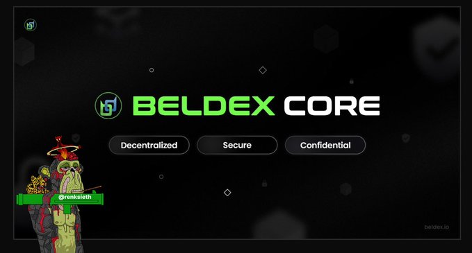 Promotional graphic for 'BELDEX CORE' with the tagline 'Decentralized, Secure, Confidential' and a cartoon zombie character with the handle '@renkielth' in the bottom left corner.