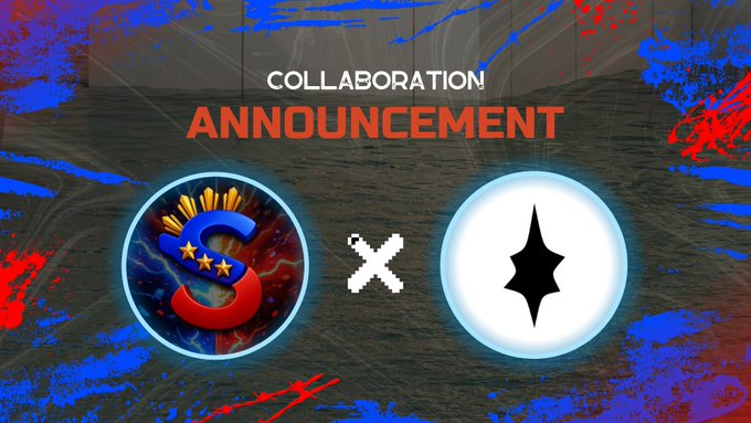 A graphic announces a 'COLLABORATION ANNOUNCEMENT' featuring two logos separated by a white 'X' against a dark background with blue and red paint splatters.