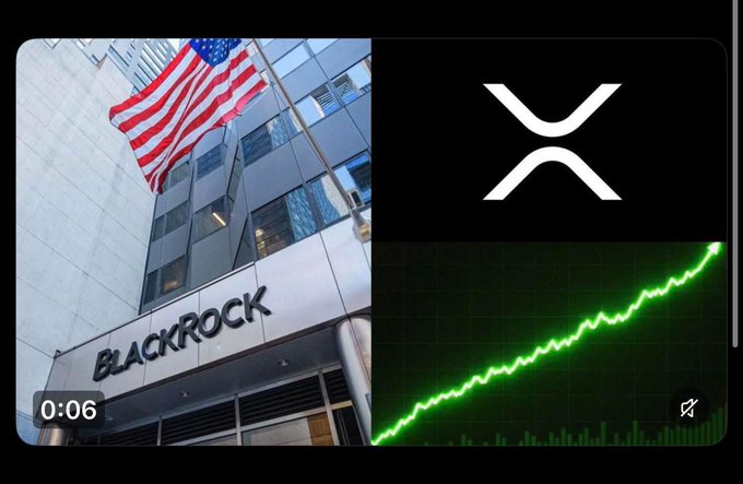 A BlackRock office building with an American flag is shown alongside the XRP logo and an upward-trending green chart, visually reinforcing the post's claim that a senior BlackRock strategist has signaled XRP is institutionally ready and awaiting approval.