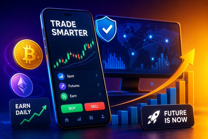 A crypto trading app advertisement showing a smartphone displaying 'TRADE SMARTER' with Spot, Futures, and Earn options, alongside Bitcoin and Ethereum logos, with promotional badges reading 'EARN DAILY' and 'FUTURE IS NOW'.